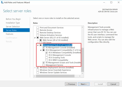 Screenshot of  IIS 6 Management Compatibility expanded.